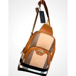 Deluxity Tan and Brown Vegan Leather Plaid Sling Crossbody Bag Bumblebee NWT